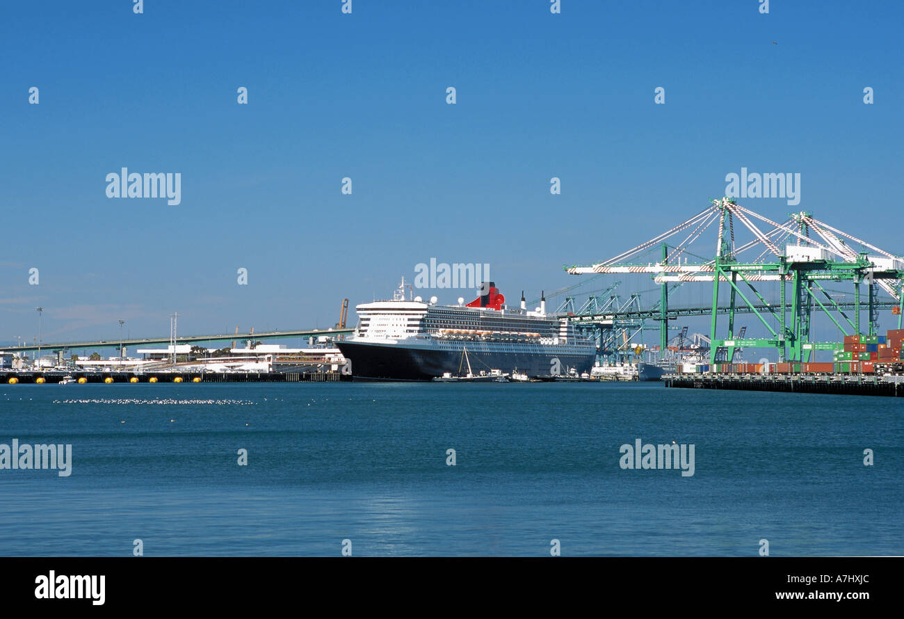 The Queen Mary 2 docked at berth 87 in San Pedro, Los Angeles, California Stock Photo