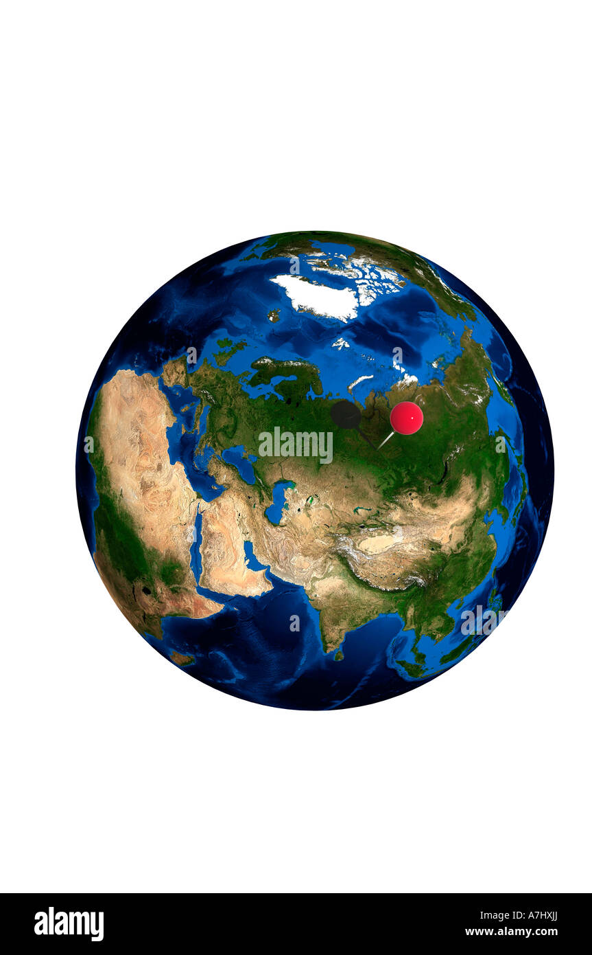 Globe of earth with red map pin stuck on Russia Stock Photo