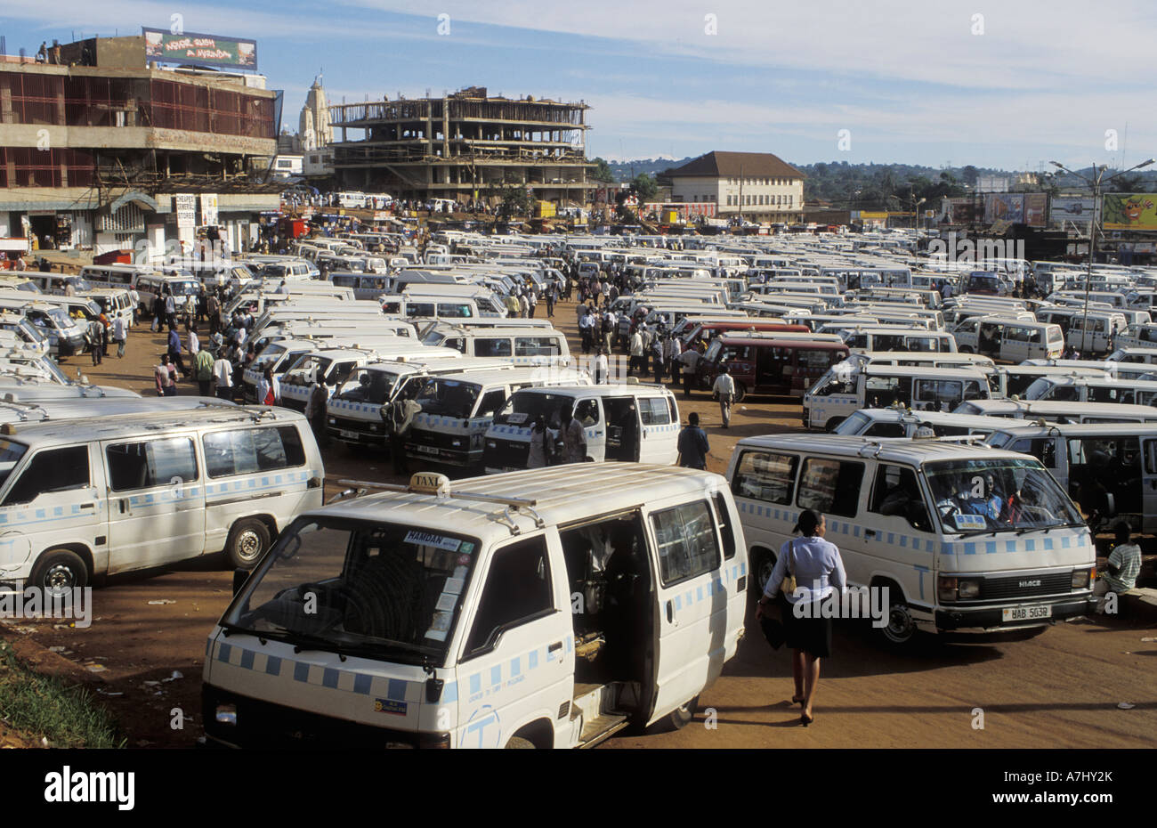Kampala taxi park packed with minibusses matatus handling more than a million people every day Kampala Uganda Stock Photo