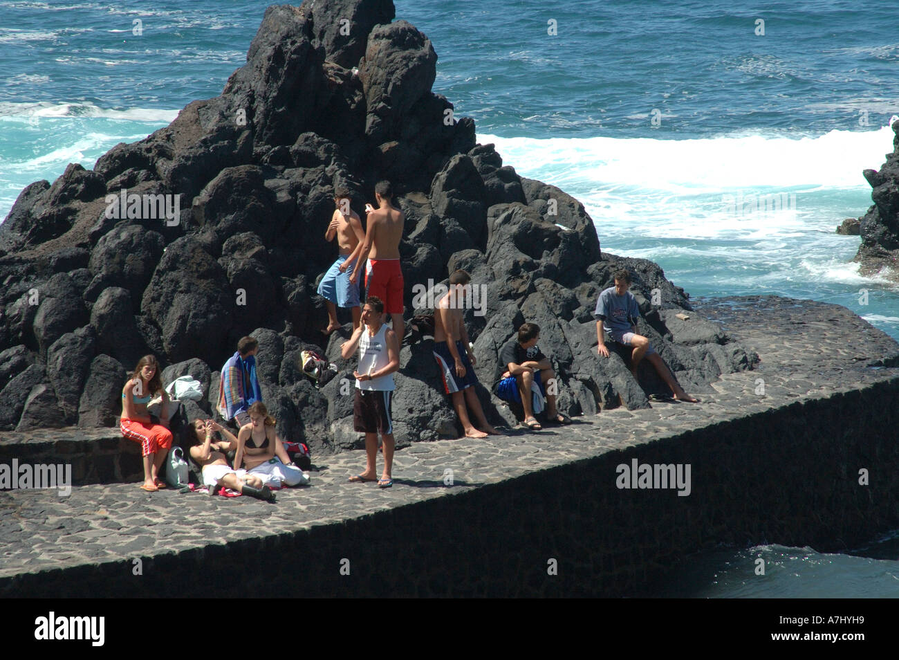 Group of Teenagers in Fishing Village Stock Photo