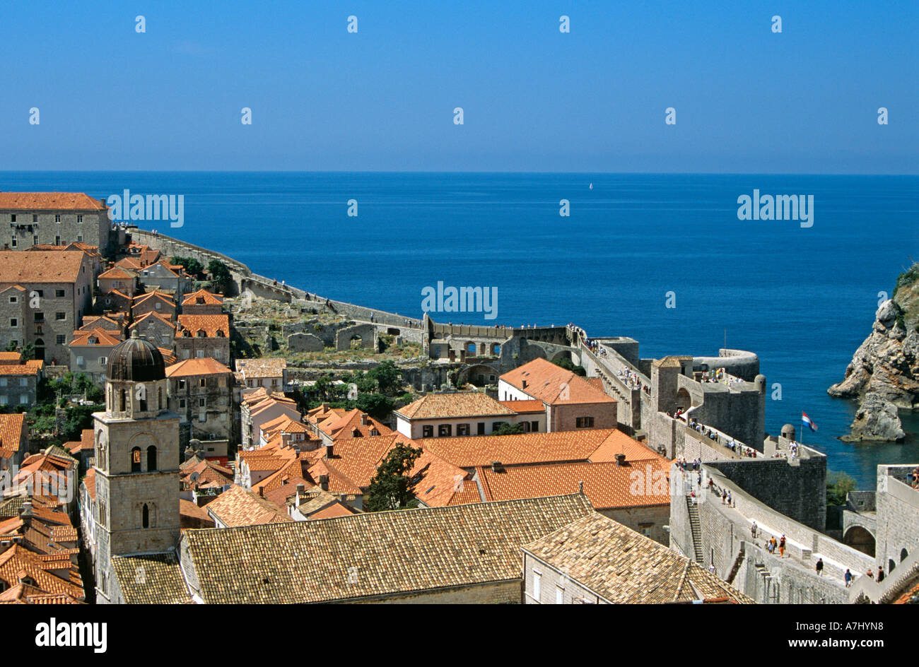 Franciscan Monastery and red rooftops from old city walls, Dubrovnik ...