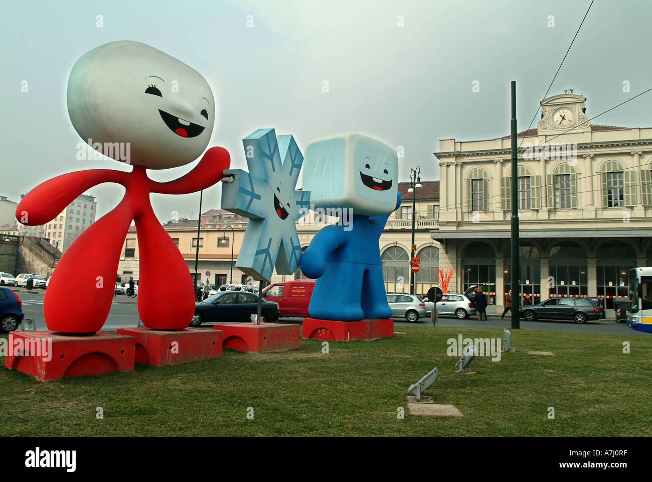 Porta Susa train station in Turin Piedmont Italy - Neve Aster and Gliz mascots for the Olympic Winter Games Stock Photo