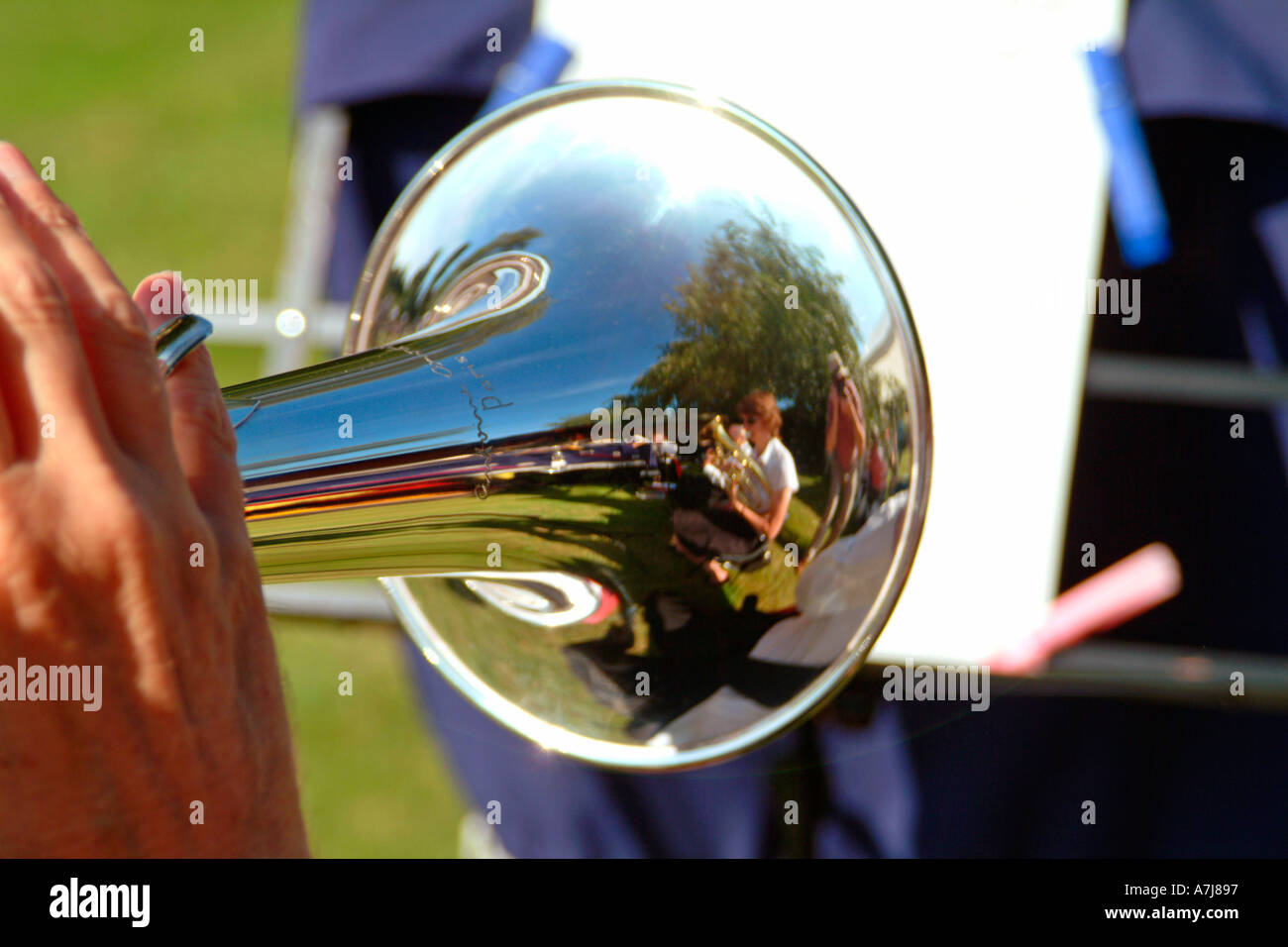 A flugelhorn player of the Highworth Siver Band at Longworth Oxfordshire village fete September 2004 Stock Photo