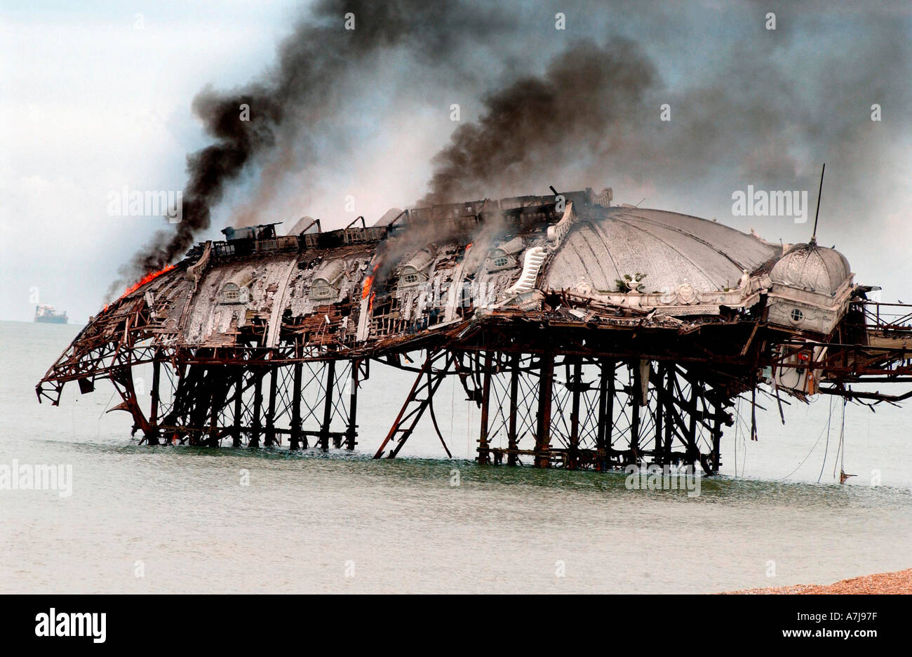 The concert hall on Brightons West Pier on fire after arsonists attacked it for the 2nd time in  5 months Stock Photo