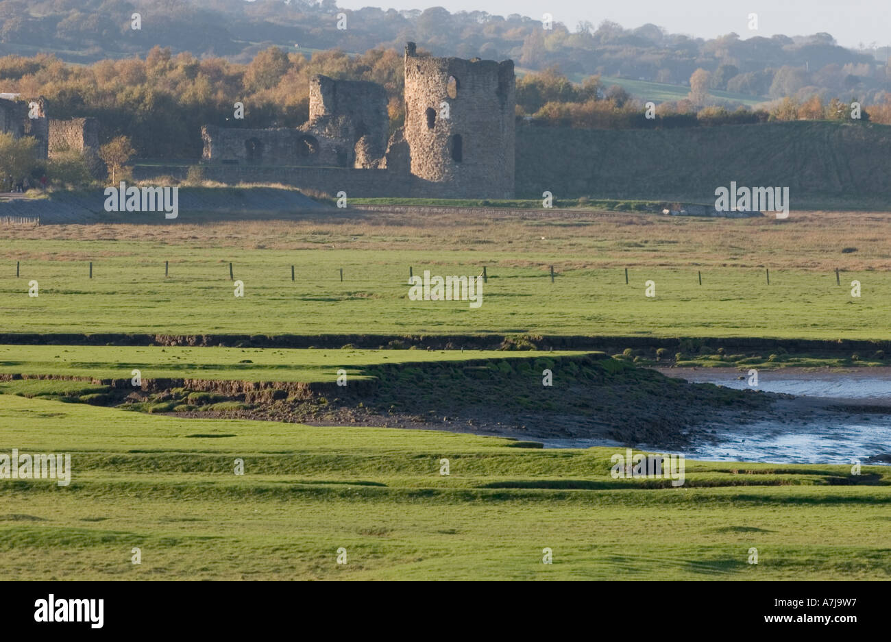The ruins of Flint Castle looking over the marsh bordering the Dee Estuary Stock Photo