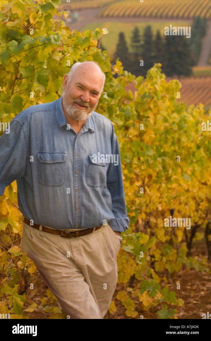 Portrait Oregon pioneer winemaker Dick Erath at vineyards below his home in the Dundee Hills Willamette Valley Oregon Stock Photo