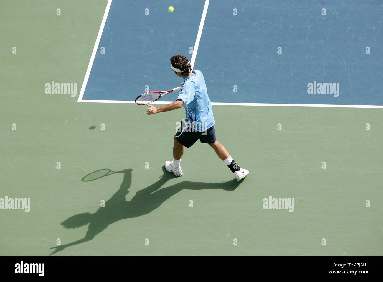 Tennis pro Roger Federer in action at the Dubai Duty Free Men's Open. Stock Photo