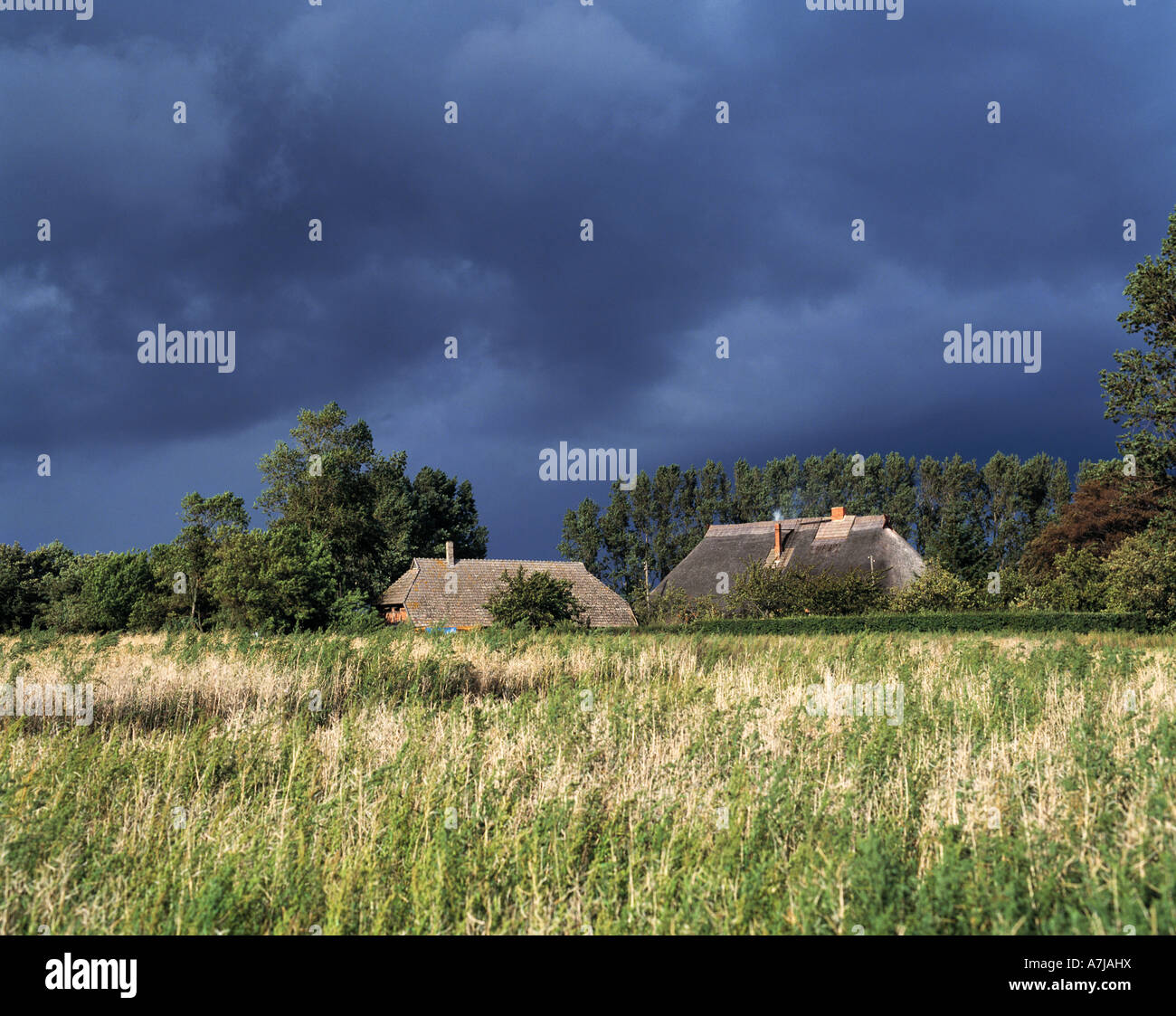 dunkle Gewitterwolken ueber zwei Bauernhaeusern in Kuehlungsborn an der Ostsee in Mecklenburg-Vorpommern Stock Photo