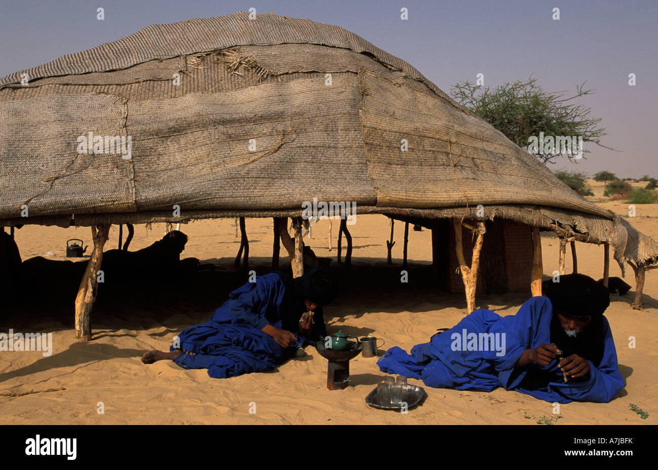 Tuareg drinking tea at a homestead in the Sahara desert, Timbuktu, Mali