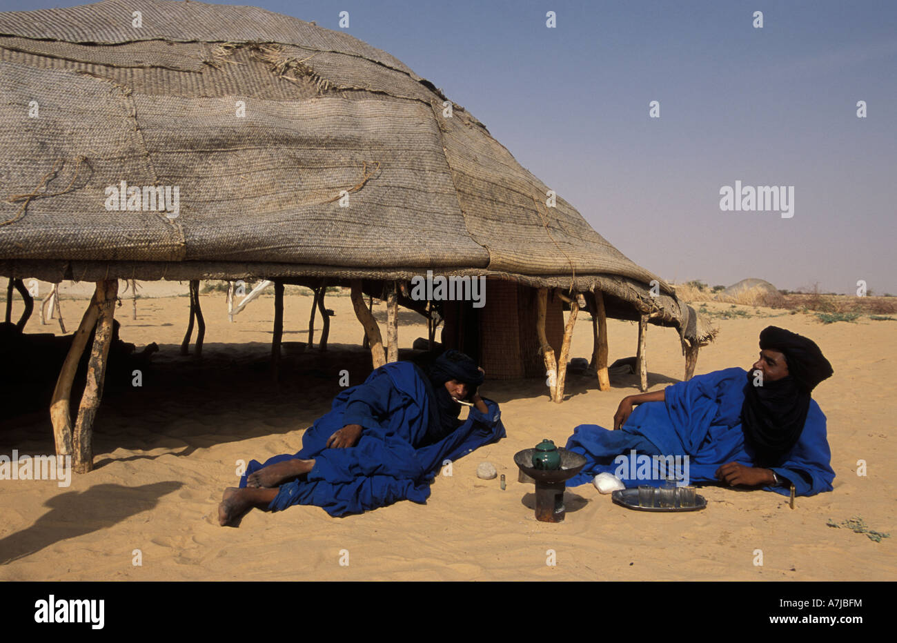 Tuareg drinking tea at a homestead in the Sahara desert, Timbuktu, Mali