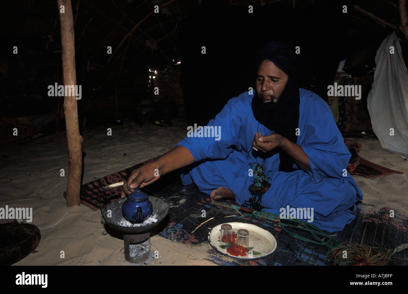 Tuareg drinking tea in a homestead in the Sahara desert, Timbuktu, Mali