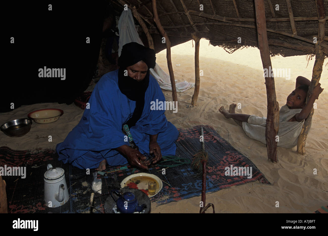 Tuareg drinking tea in a homestead in the Sahara desert, Timbuktu, Mali