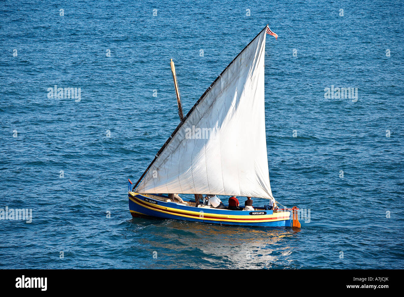 Catalan boat sailing, Pyrenees Orientales, France. Stock Photo