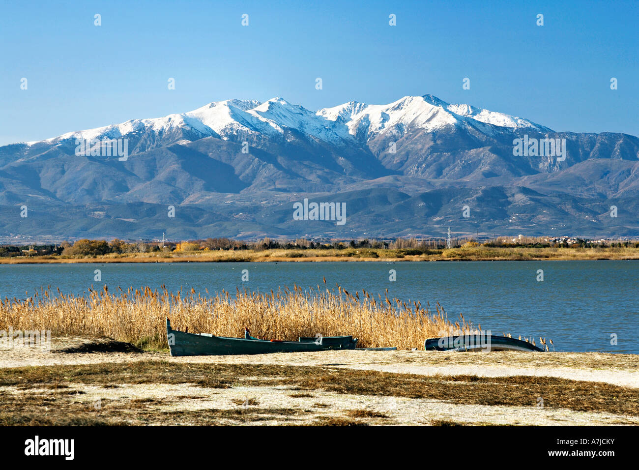 View of the  mount Canigou from the coast, Pyrenees Orientales, France. Stock Photo
