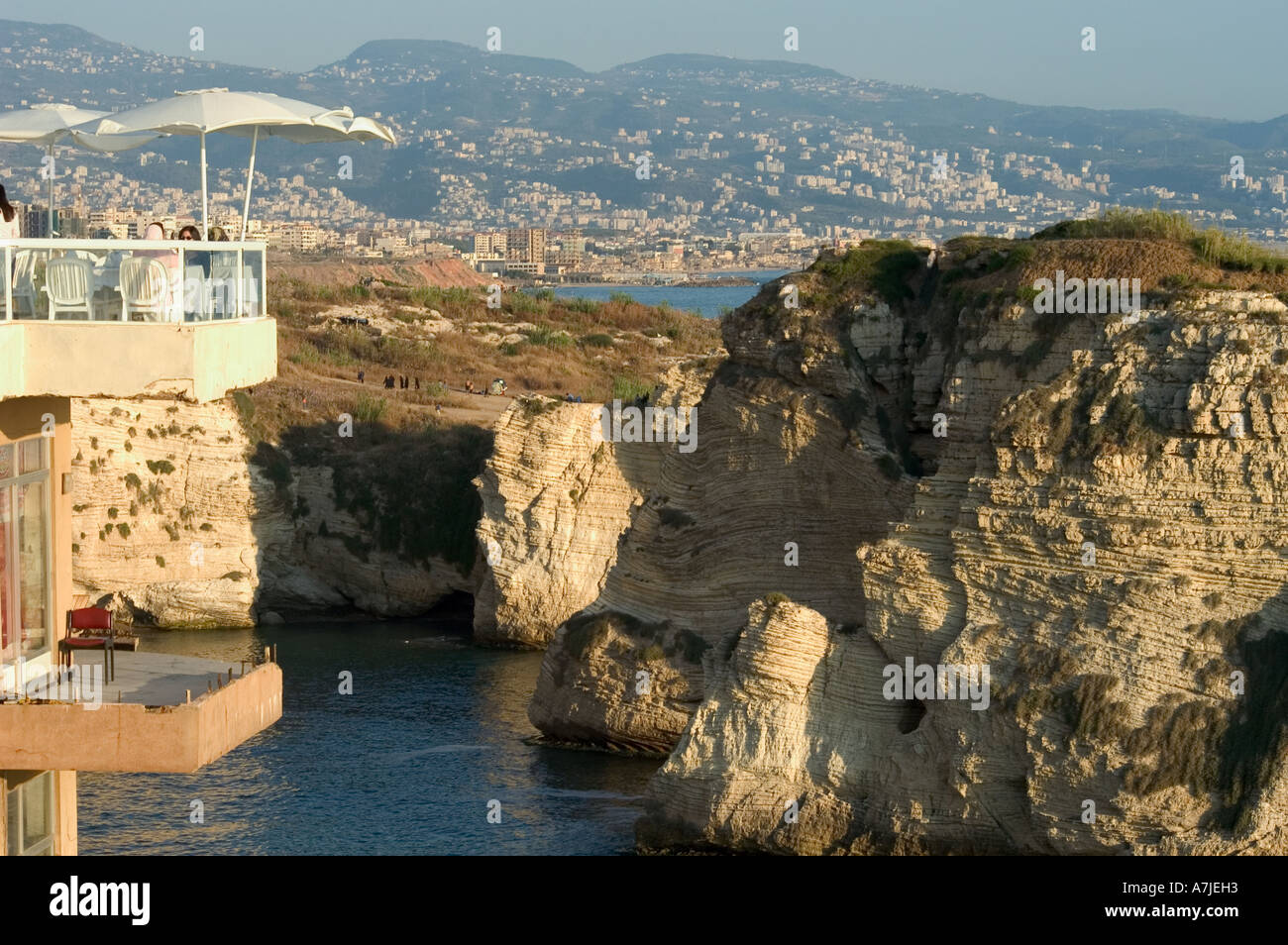 Cliff top restaurant overlooking bay Beirut Lebanon Middle East Stock