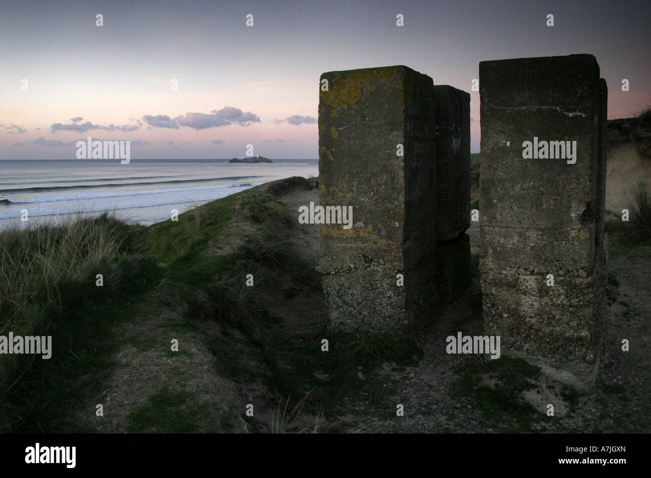 View of Godrevy lighthouse West Cornwall UK with World War 2 fortifications in foreground Stock Photo