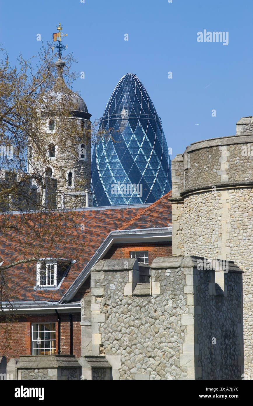 Tower of London and the Gherkin - an unreal combination Stock Photo