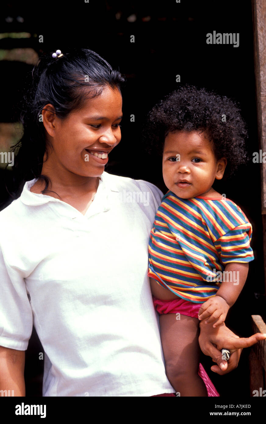 Dominica West Indies Caribbean Carib Reserve Territory Carib Mother with Son Stock Photo