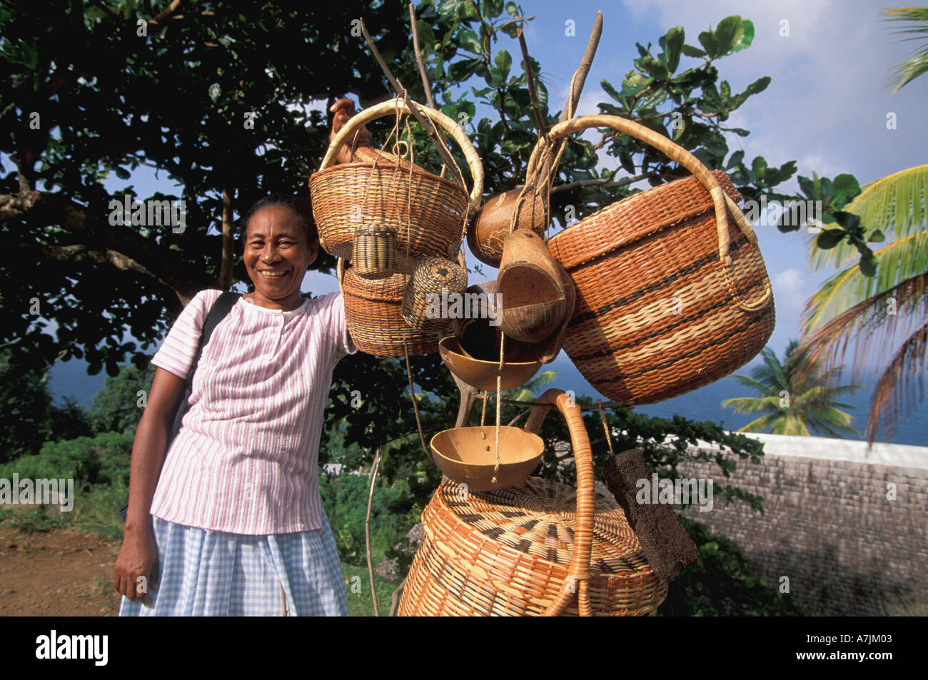 Dominica West Indies Caribbean Carib Territory Reserve Woman Selling Carib Baskets Stock Photo