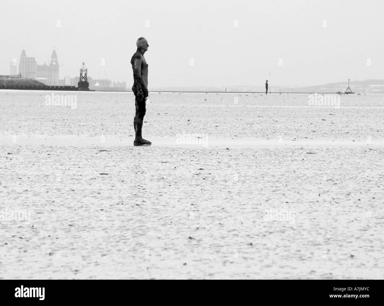 ANTONY GORMLEY SCULPTURED FIGURES ON BEACH AT CROSBY, LIVERPOOL