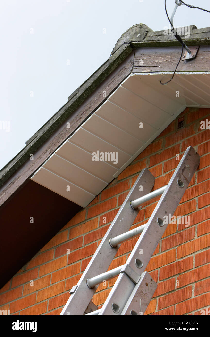 side vertical ladder reaching up to installation of white pvc cladding over old wooden panels on a red brick bungalow Stock Photo
