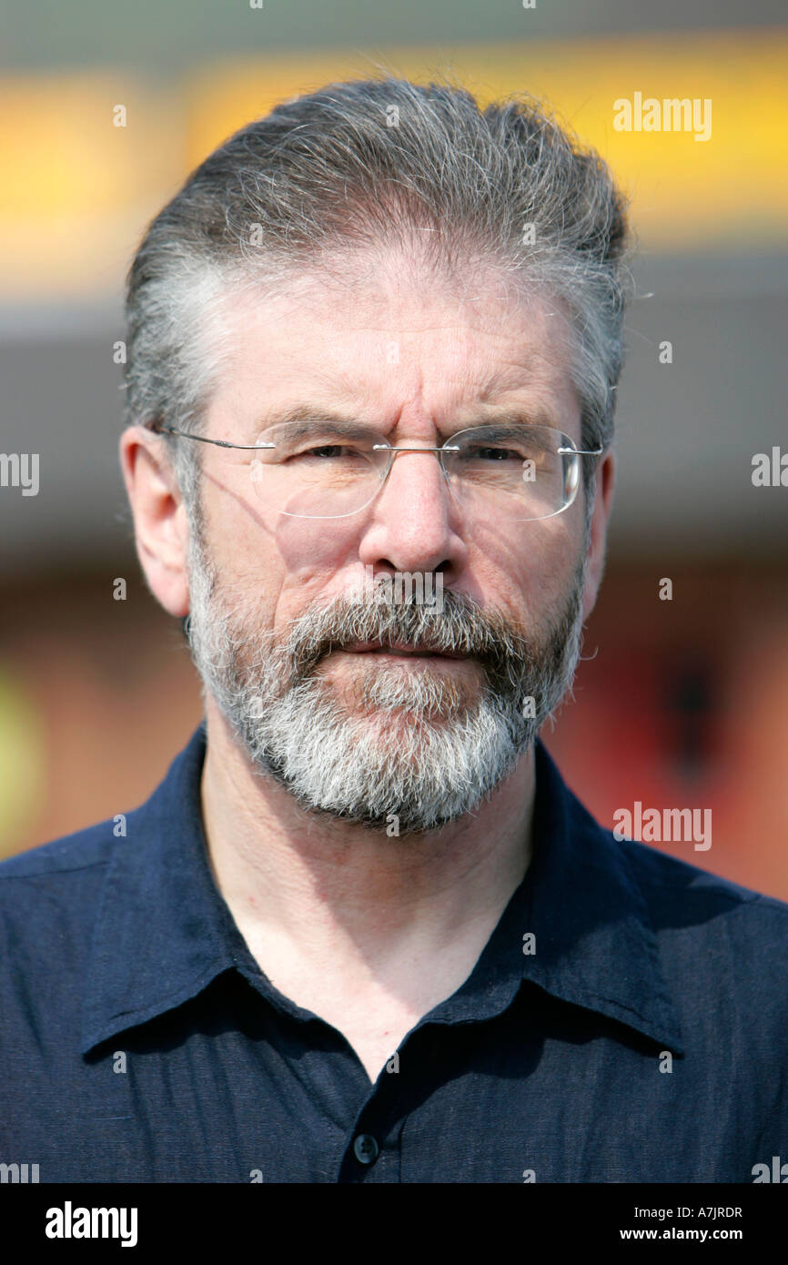 close up head and shoulder of Gerry Adams looking pensive at a street press conference in West Belfast Stock Photo