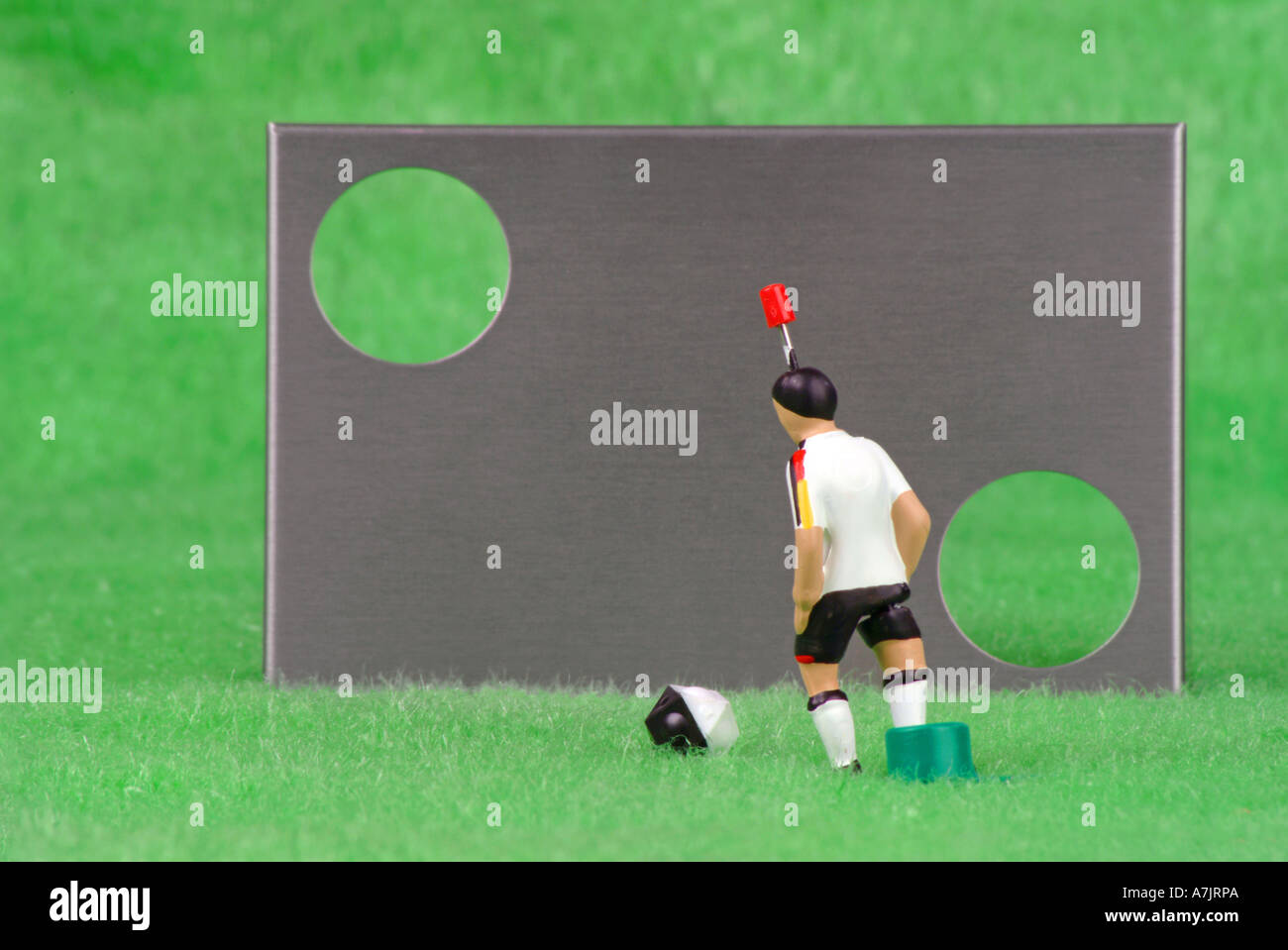 soccer game ball goal shooting wall player Torwand mit Ball und Spieler Stock Photo