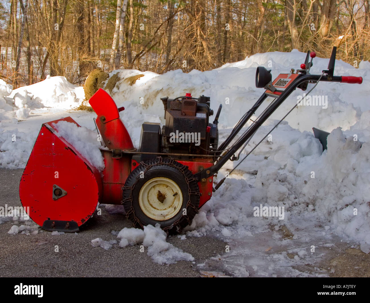 An old snowblower handles another snowstorm Stock Photo Alamy