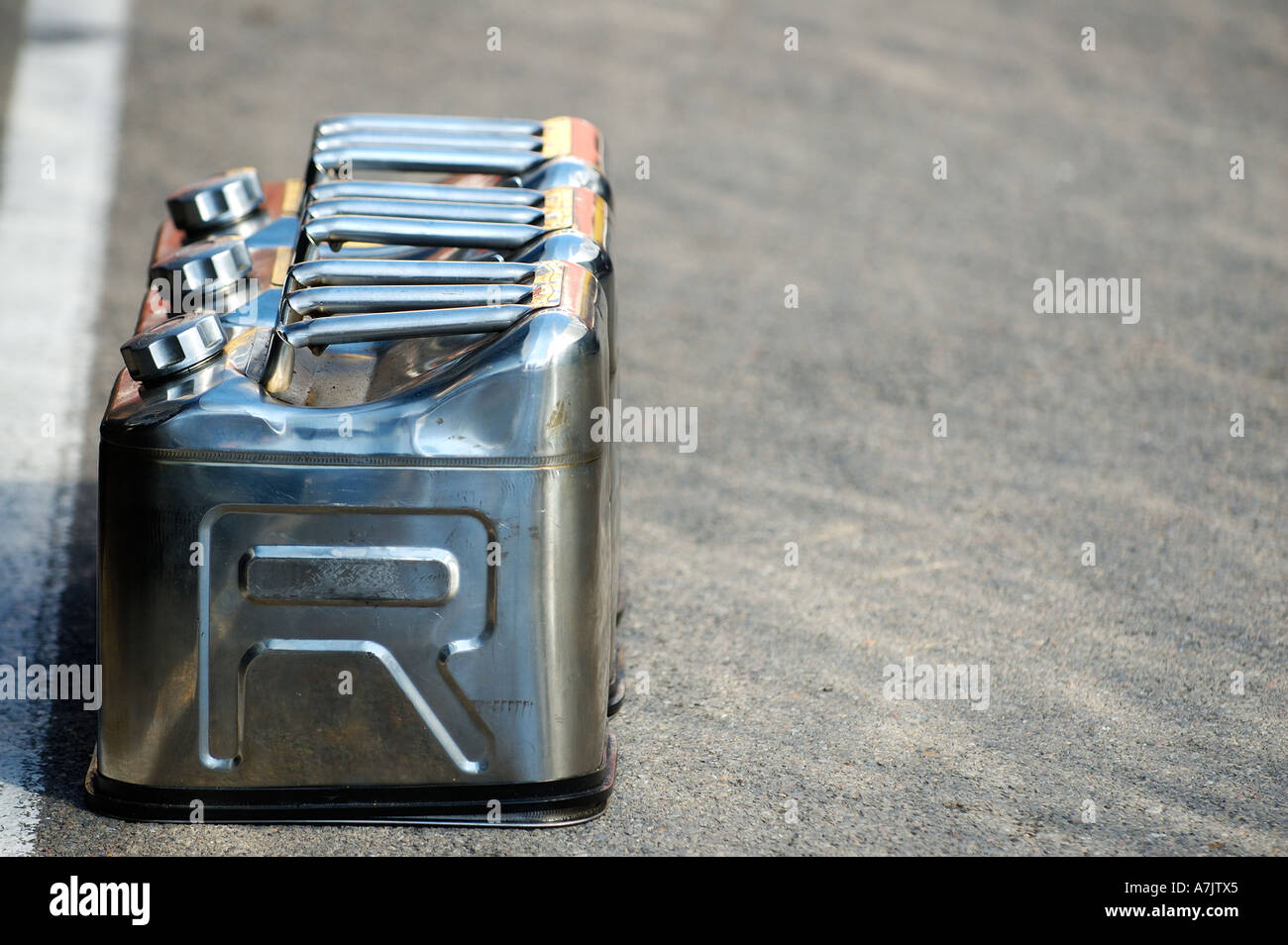 silver gasoline canisters Stock Photo Alamy
