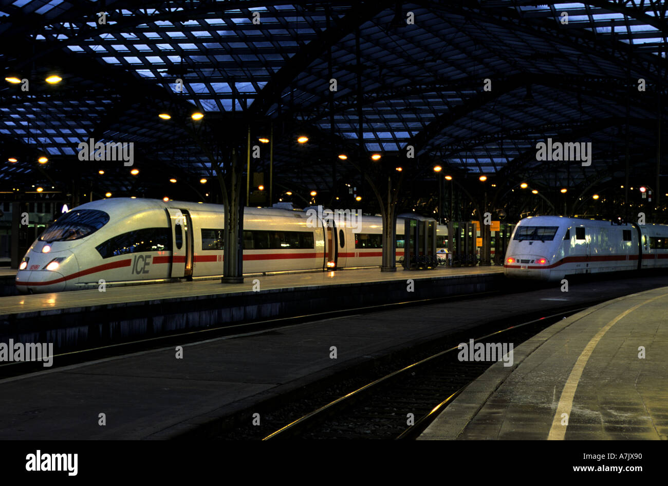 Inter-City Express trains at Cologne HBF railway station North Rhine Westphalia Germany Stock Photo