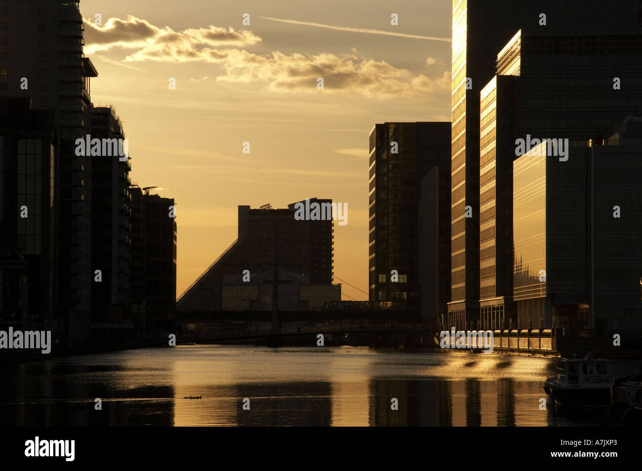 Canary Wharf office buildings at sunset in London UK Stock Photo