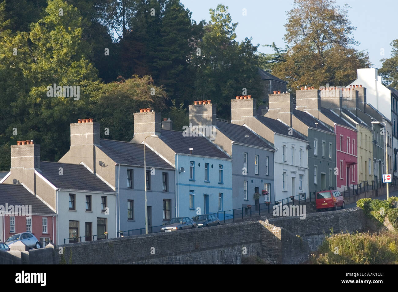 A view of pastel coloured Victorian terraced houses, Llandeilo