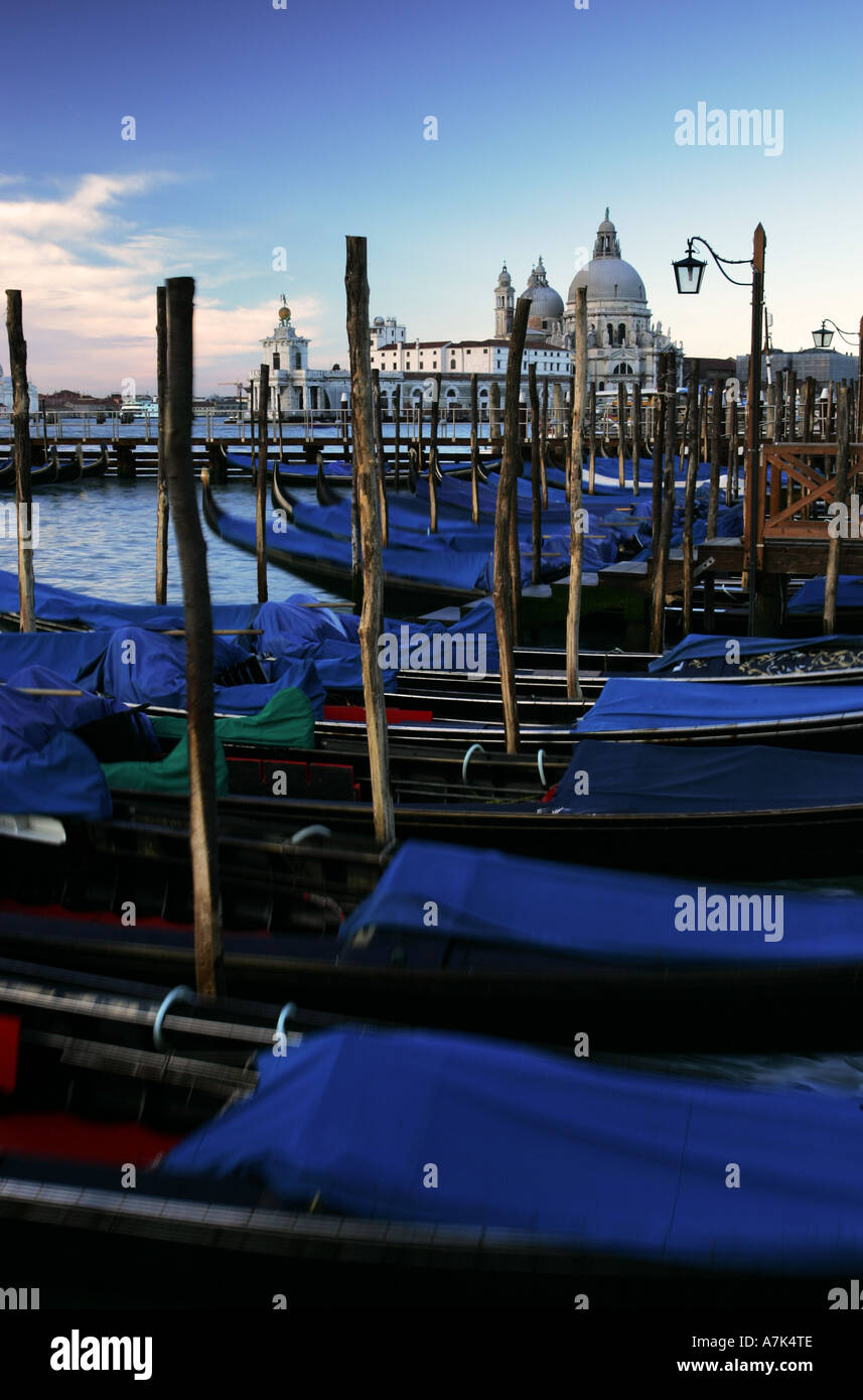 Venetian gondolas move on early morning lagoon swell in front of famous landmark Chiesa di Santa Maria della Salute Venice Italy Stock Photo