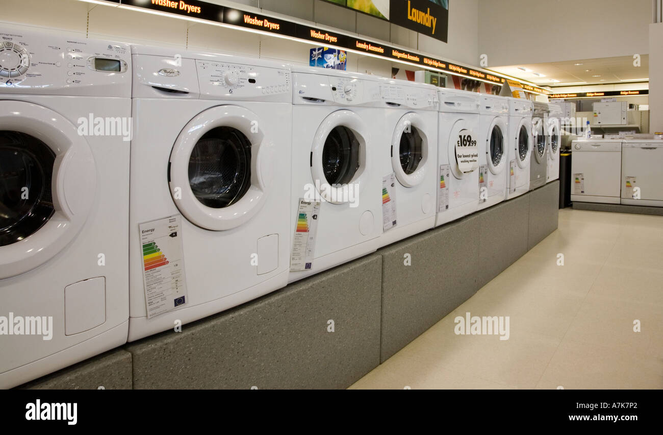 Washing machines on sale in electrical superstore Wales UK Stock Photo -  Alamy