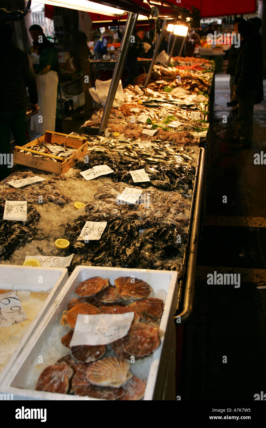 Fresh fish crabs shell fish on sale at this famous Venetian Prescaria fish market near Rialto Venice Italy Europe EU Stock Photo