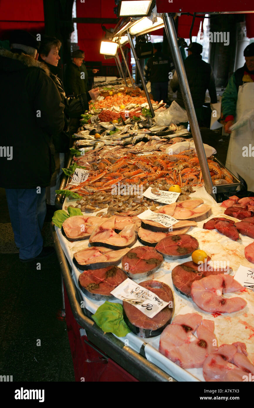 Fresh colourful healthy tuna fish steaks on sale at this famous Venice fish market Prescaria Venezia Italy Europe EU Stock Photo