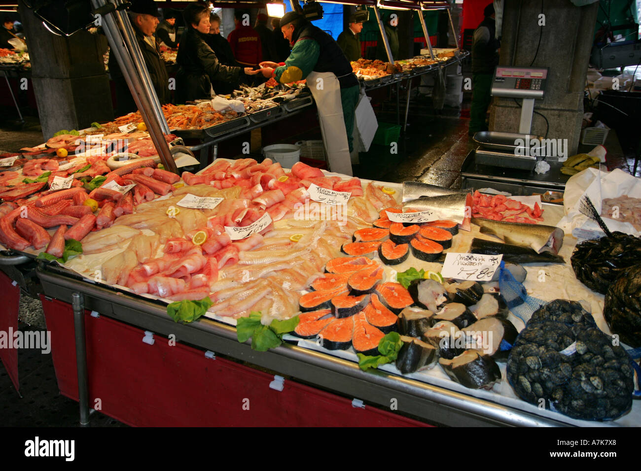 World famous fish market Prescaria near the Rialto Bridge, central Venice Italy Europe popular with tourists Stock Photo