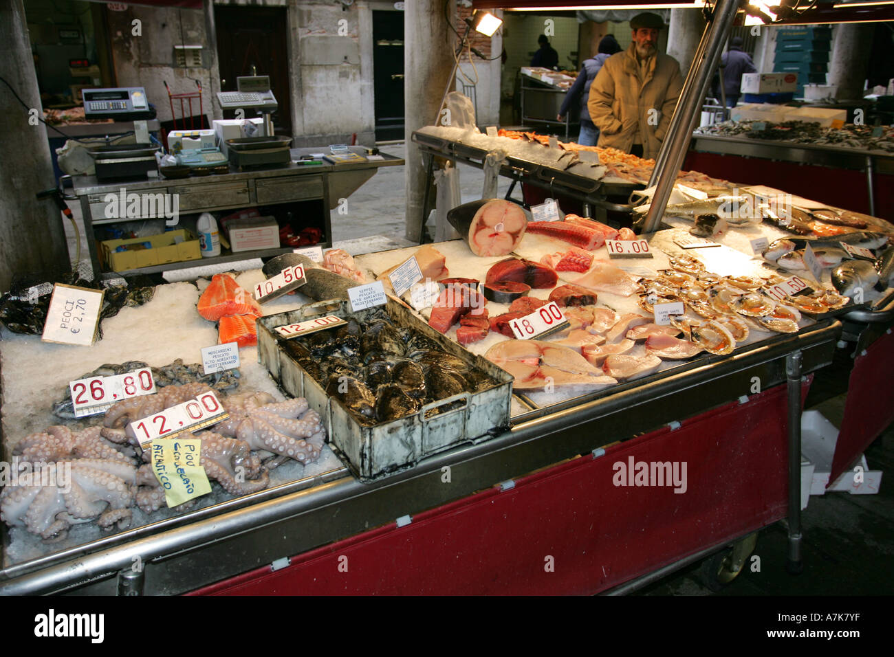 Famous Venice fish Market Prescaria near Rialto bridge and Grand Canal sells fresh local fish Italy Europe EU Stock Photo