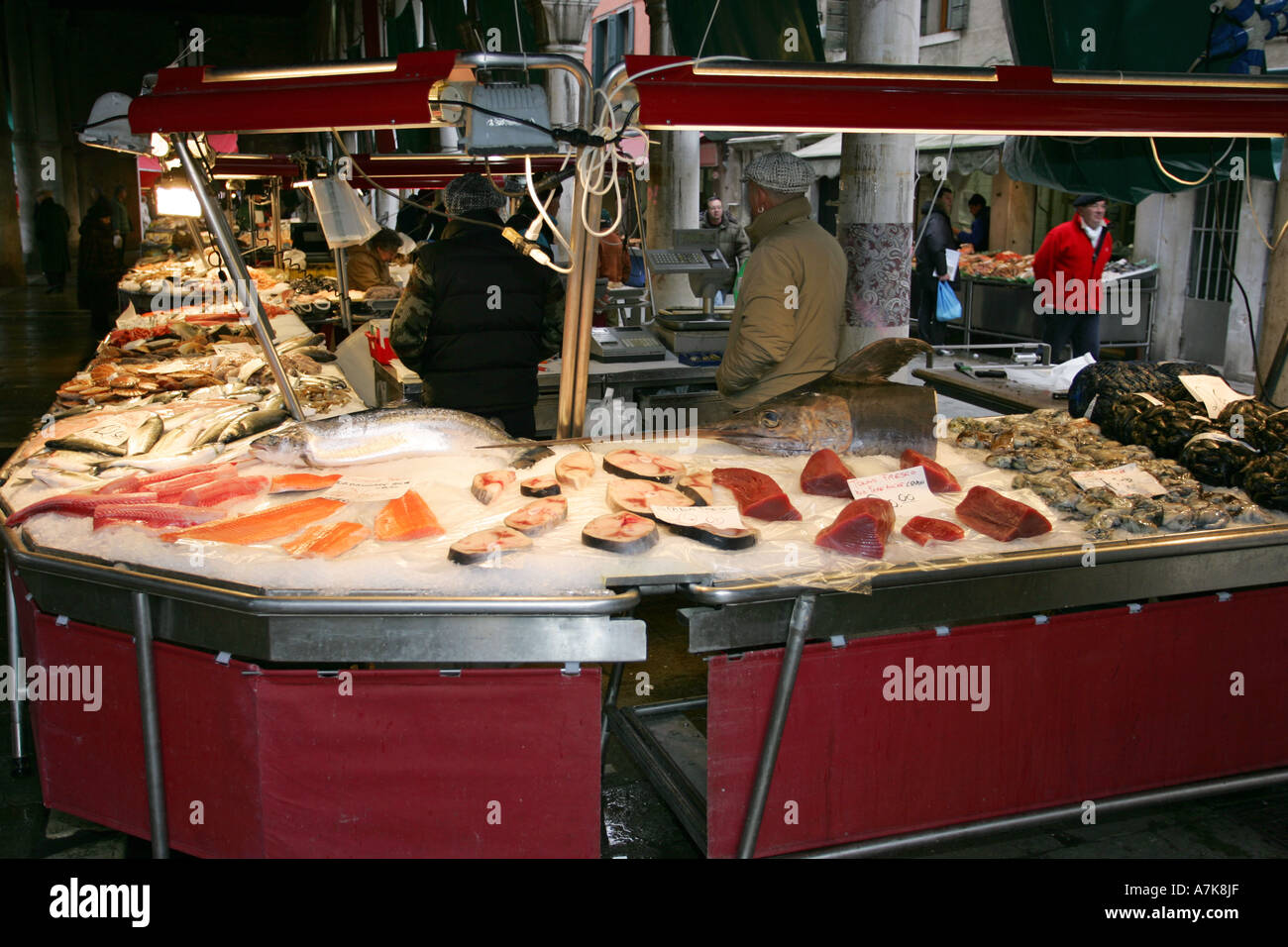 World famous fish market Prescaria near the Rialto Bridge, central Venice Italy Europe popular with tourists Stock Photo