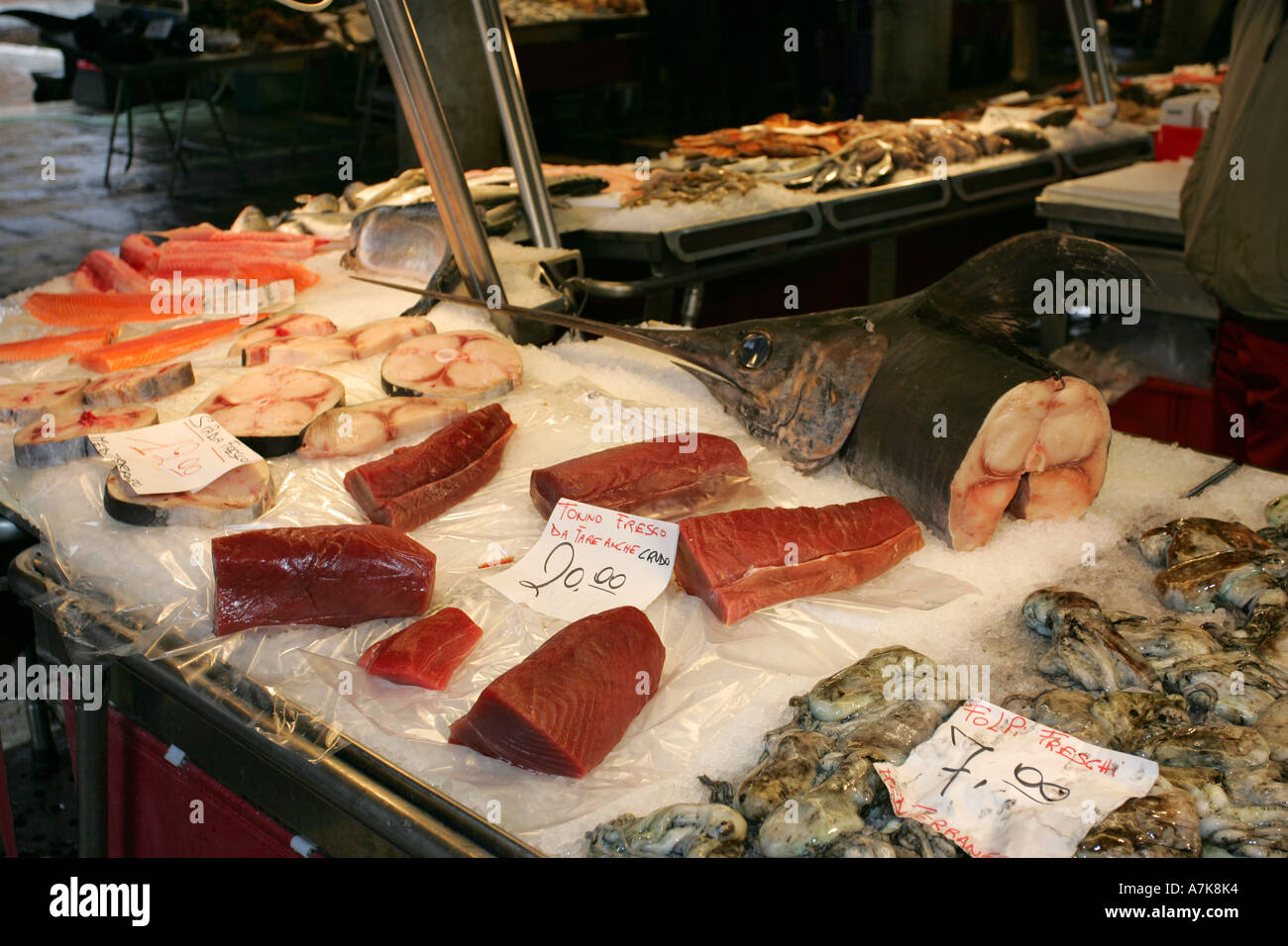 World famous fish market Prescaria near the Rialto Bridge, central Venice Italy Europe popular with tourists Stock Photo