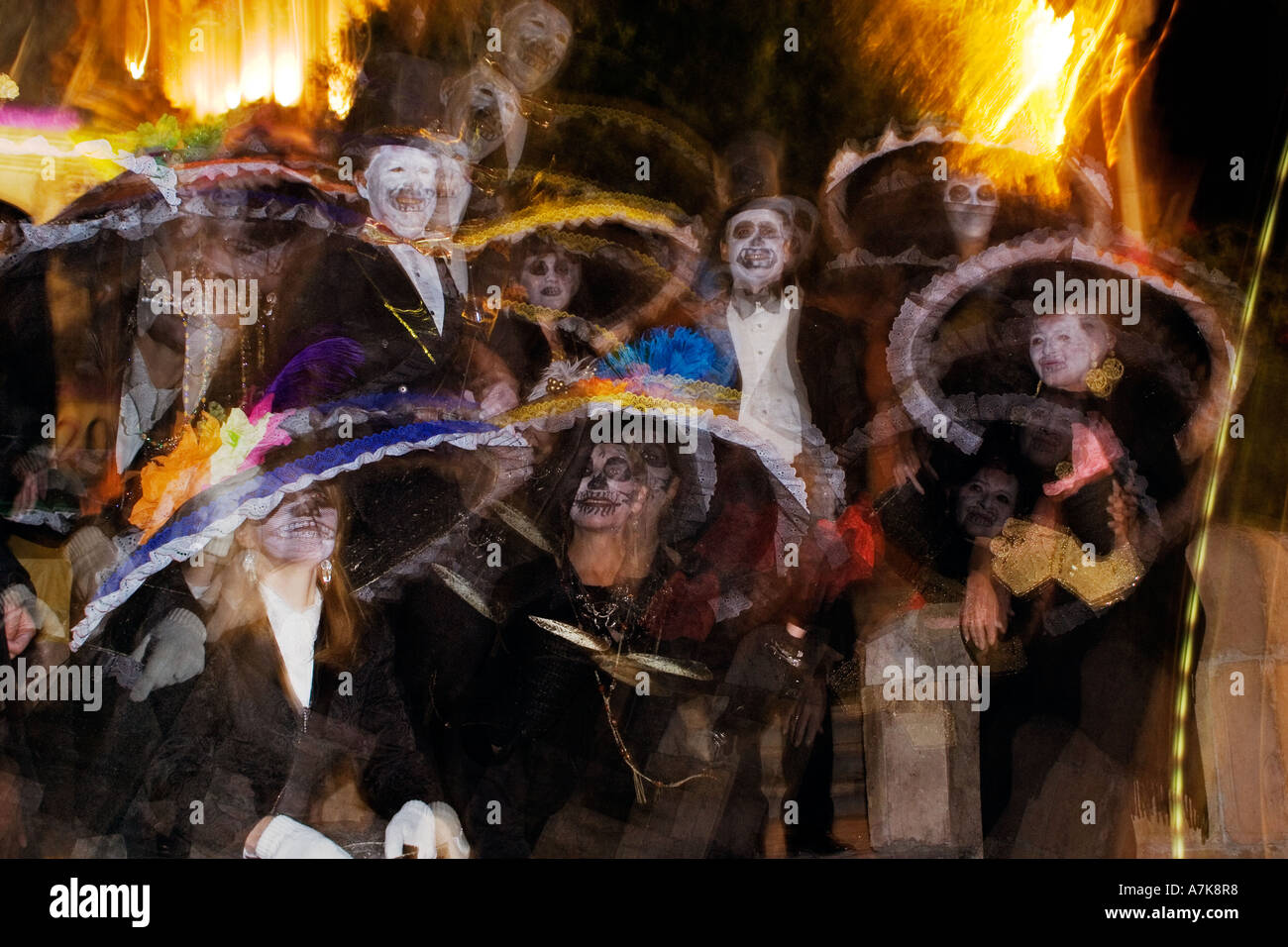 Adults dress up as skeletons during the DEAD OF THE DEAD SAN MIGUEL DE ALLENDE MEXICO Stock Photo