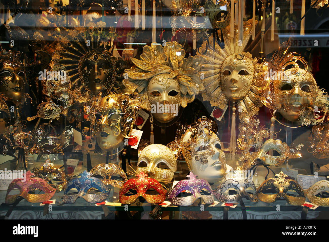 Typical Venetain carnvial masks in window of expensive tourist souvenir ...