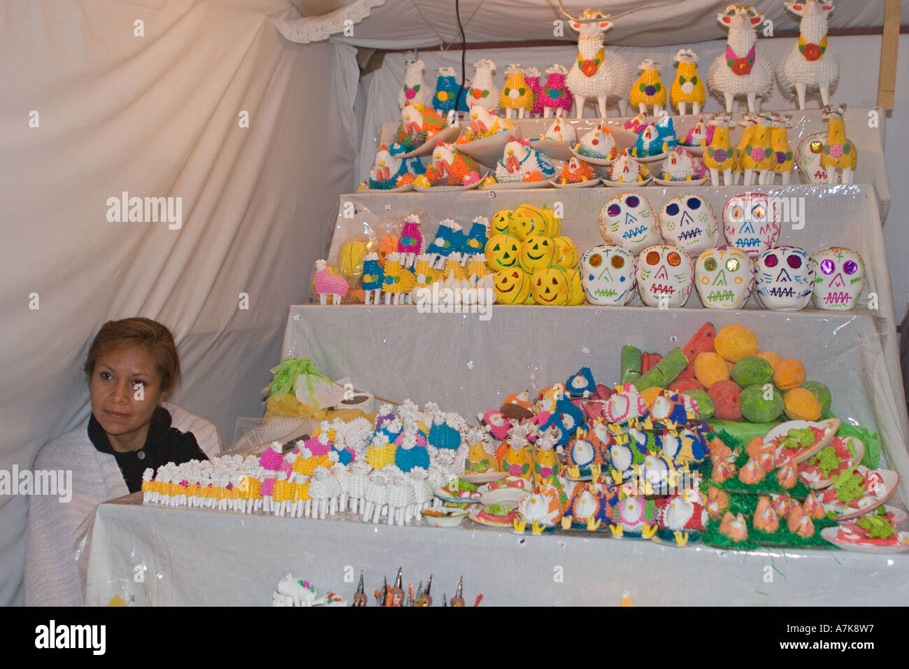 SUGAR CANDY skulls lambs and offering are sold during the DEAD OF THE DEAD SAN MIGUEL DE ALLENDE MEXICO Stock Photo