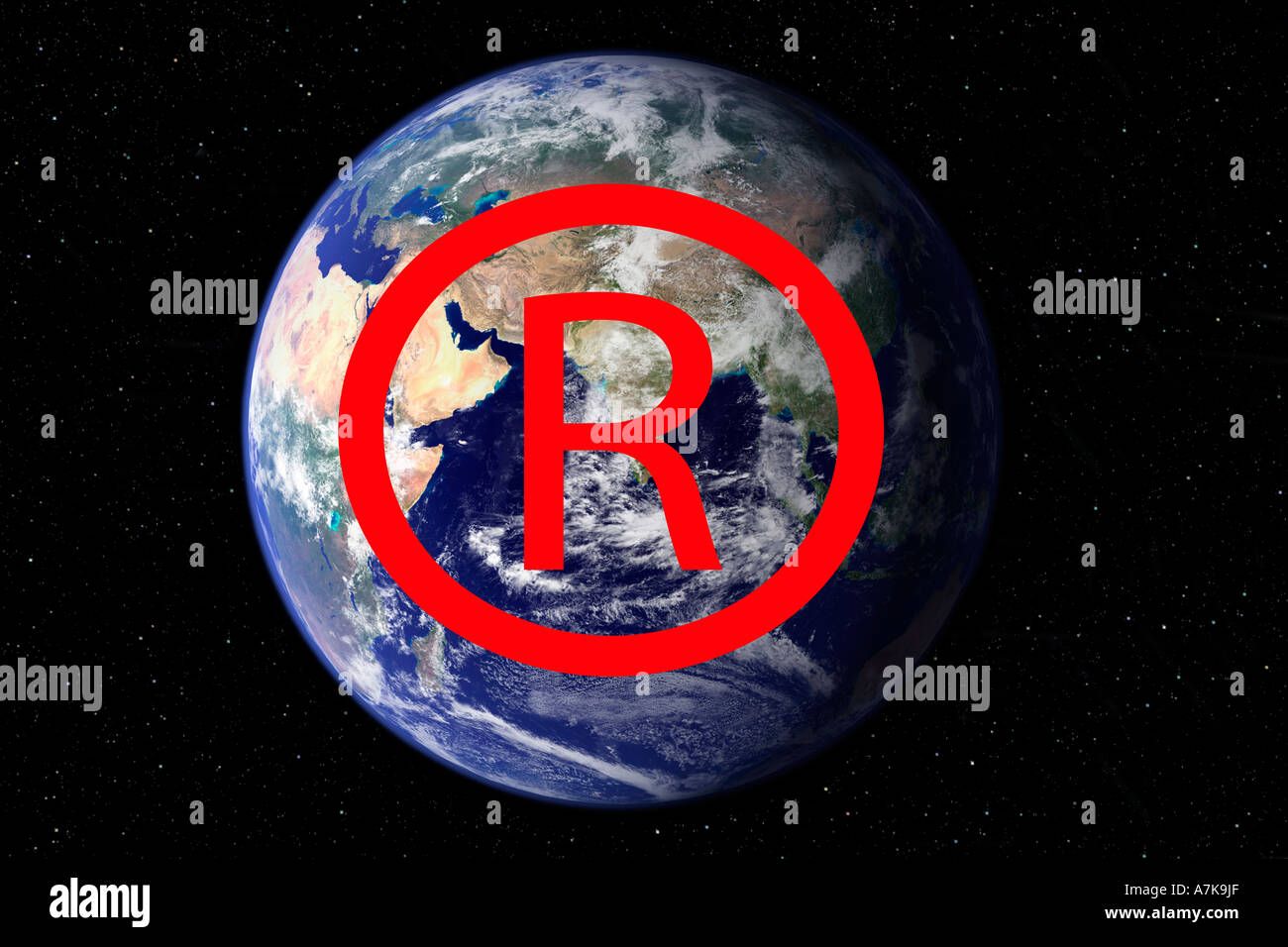Concept image of the awareness of awareness of Registered Trade Mark symbol now used to fight Piracy. Stock Photo