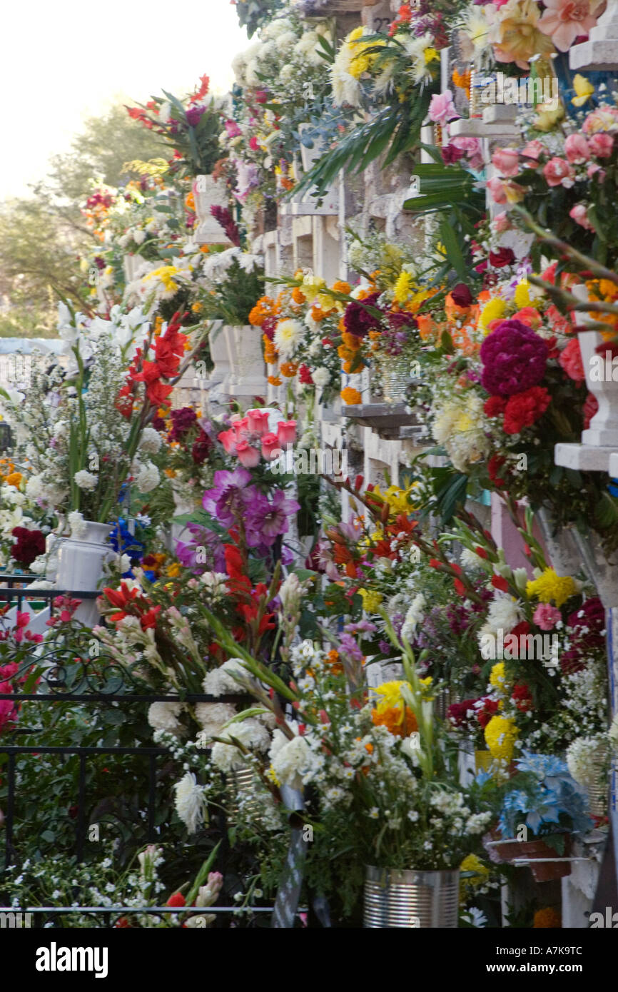 FLOWER COVERED GRAVES at the local cemetery during the DEAD OF THE DEAD SAN MIGUEL DE ALLENDE MEXICO Stock Photo