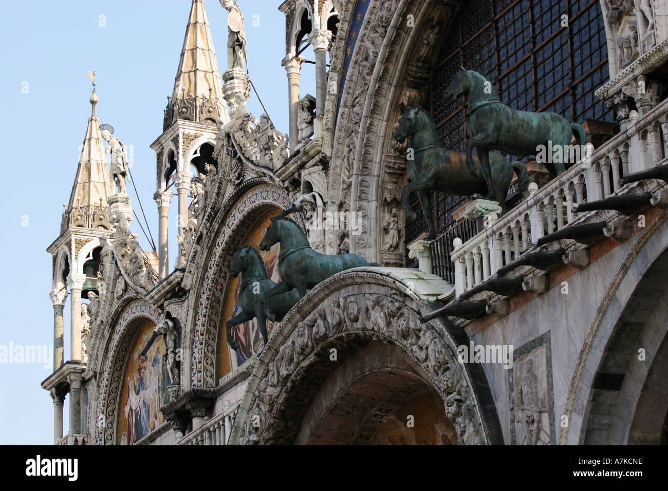 Closeup detail of bronze horses on the balcony of Saint St Marks Basillica in St Marks square Venice Italy European destination Stock Photo