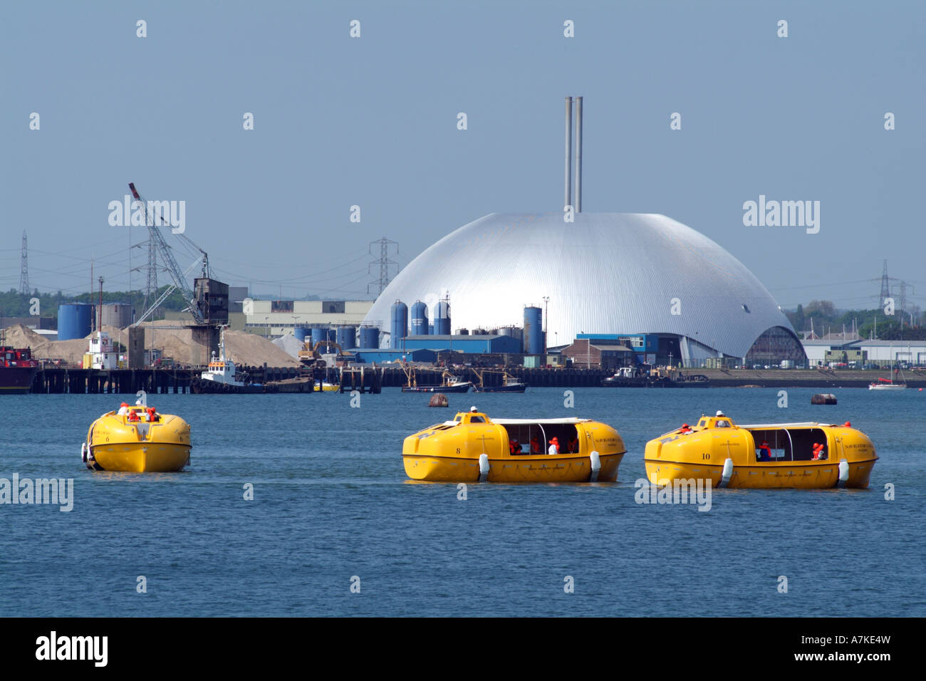 Waste disposal plant. Dome and lifeboats on Southampton Water England UK Stock Photo