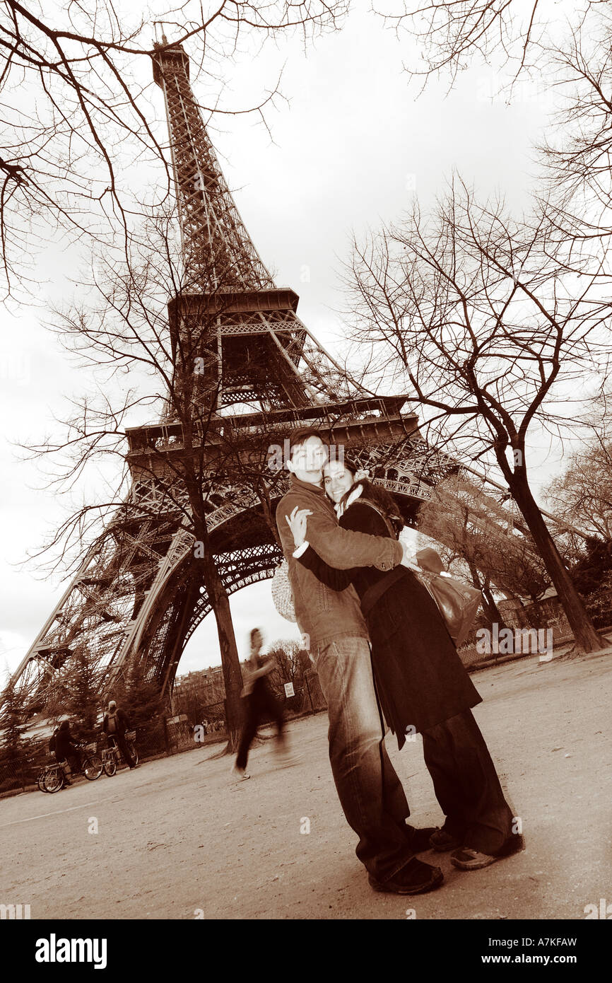 Eiffel Tower Paris France During Day With Couple In