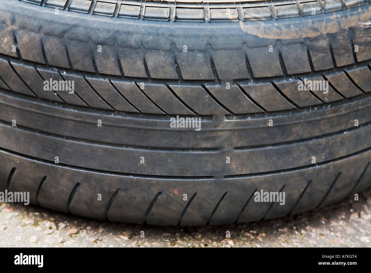 Worn tyre discarded due to lack of legal tread depth Wales UK Stock Photo