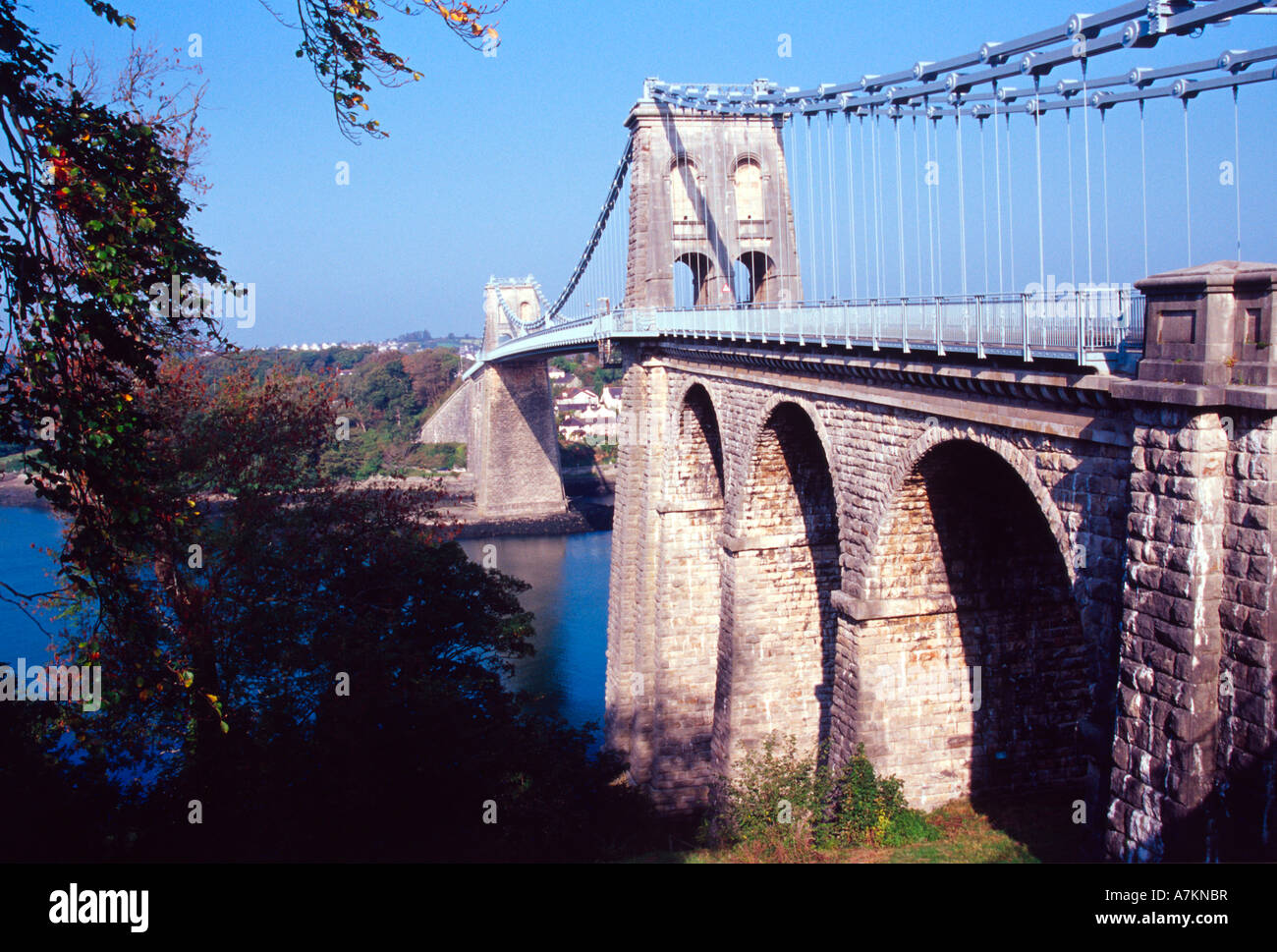 Menai suspension Bridge Gwynedd North Wales link to Anglesey Europe uk gb Stock Photo